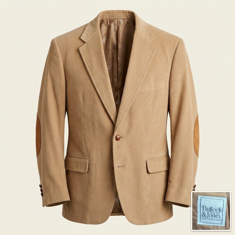 Bullock & Jones Corduroy Blazer Mens 44R Tan Suede Elbow Patches Sport Coat VTG